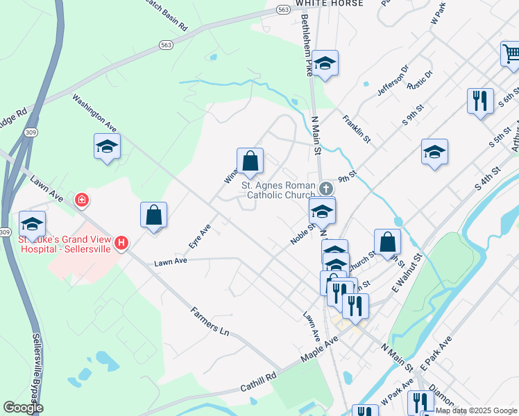 map of restaurants, bars, coffee shops, grocery stores, and more near 115 Kittery Court in Sellersville