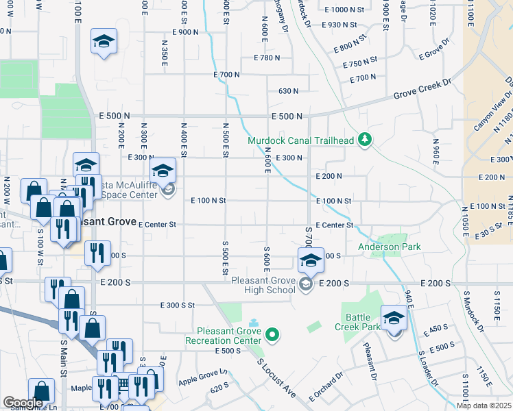 map of restaurants, bars, coffee shops, grocery stores, and more near 558 East 100 North Street in Pleasant Grove