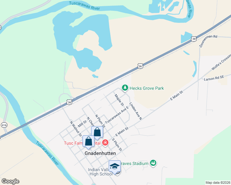 map of restaurants, bars, coffee shops, grocery stores, and more near 325 Maple Street in Gnadenhutten