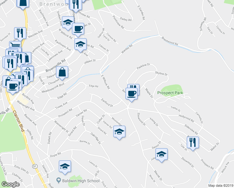 map of restaurants, bars, coffee shops, grocery stores, and more near 4623 East Willock Road in Pittsburgh