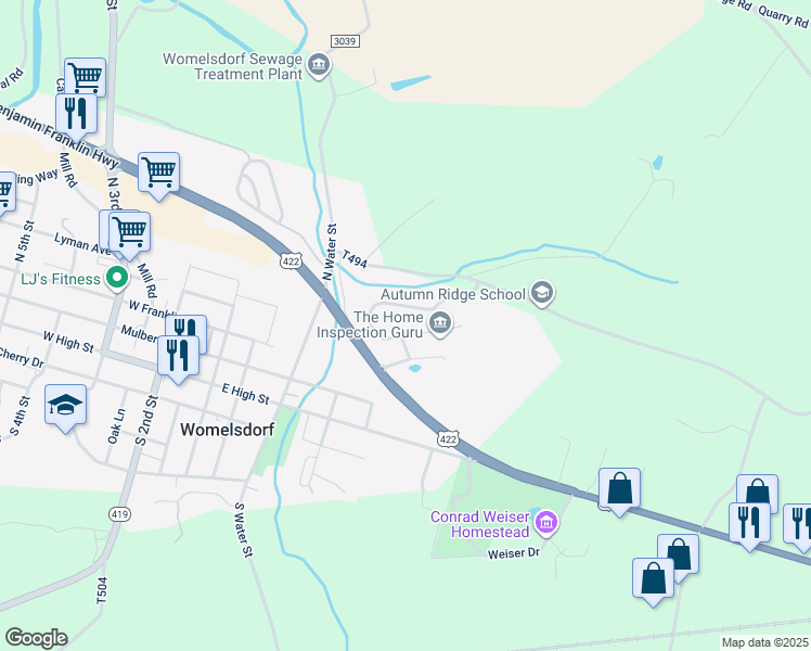 map of restaurants, bars, coffee shops, grocery stores, and more near 321 Dogwood Lane in Womelsdorf