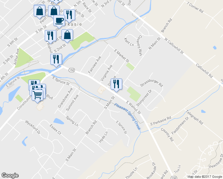 map of restaurants, bars, coffee shops, grocery stores, and more near 433 East Walnut Street in Perkasie