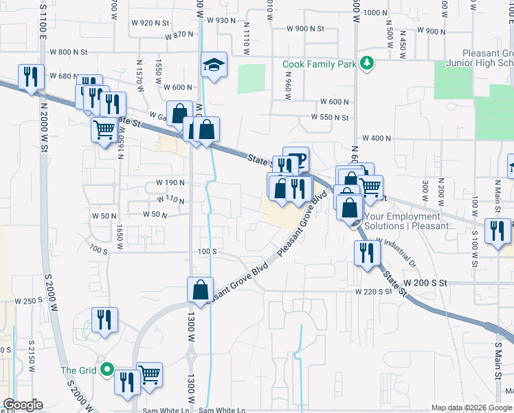 map of restaurants, bars, coffee shops, grocery stores, and more near 1072 West Cambria Drive in Pleasant Grove