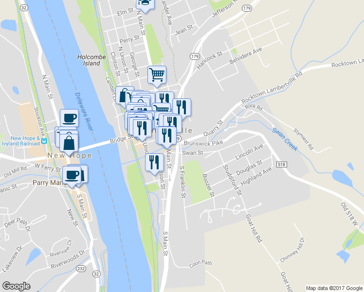 map of restaurants, bars, coffee shops, grocery stores, and more near 1 Brunswick Avenue in Lambertville