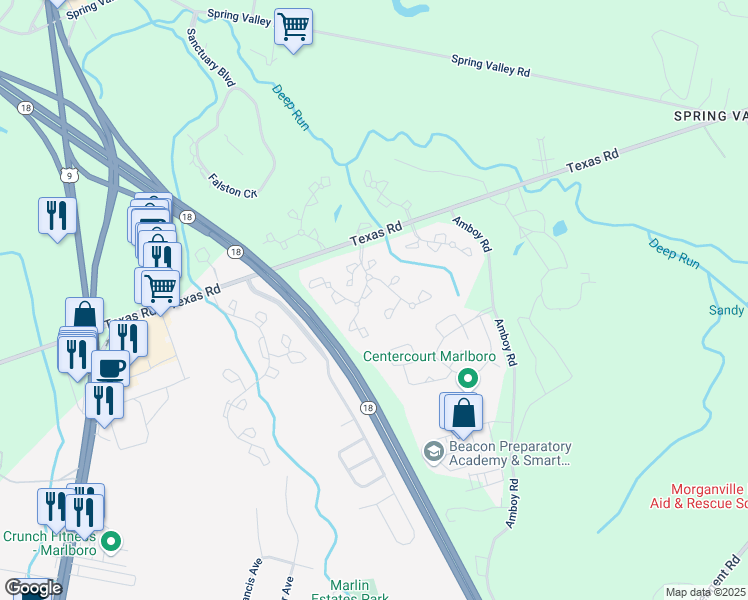 map of restaurants, bars, coffee shops, grocery stores, and more near 327 Devon Place in Marlboro Township