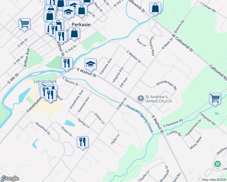 map of restaurants, bars, coffee shops, grocery stores, and more near 410 East Walnut Street in Perkasie
