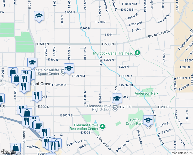 map of restaurants, bars, coffee shops, grocery stores, and more near 558 East 100 North Street in Pleasant Grove