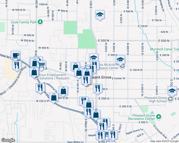 map of restaurants, bars, coffee shops, grocery stores, and more near 46 East 100 North Street in Pleasant Grove
