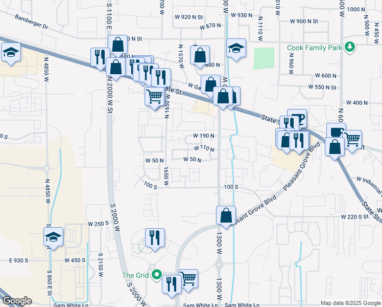map of restaurants, bars, coffee shops, grocery stores, and more near 1493 West 110 North in Pleasant Grove