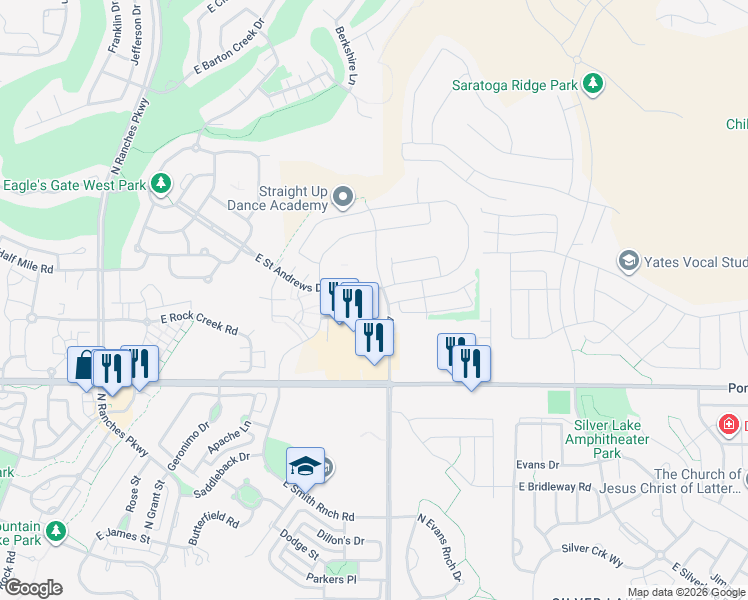 map of restaurants, bars, coffee shops, grocery stores, and more near 8198 North Boulder Lane in Eagle Mountain
