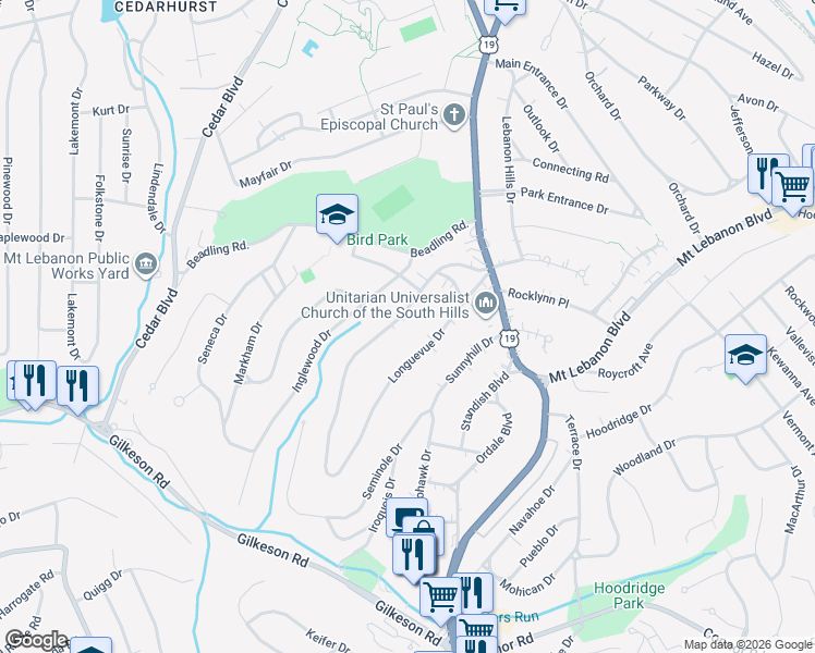 map of restaurants, bars, coffee shops, grocery stores, and more near 95 Woodhaven Drive in Pittsburgh