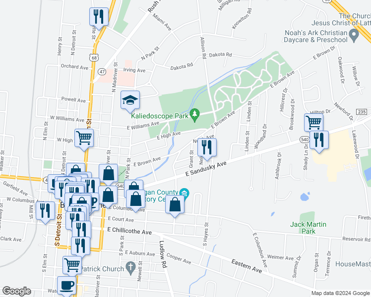 map of restaurants, bars, coffee shops, grocery stores, and more near 521 East Brown Avenue in Bellefontaine