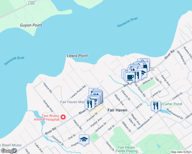 map of restaurants, bars, coffee shops, grocery stores, and more near 84 Battin Road in Fair Haven