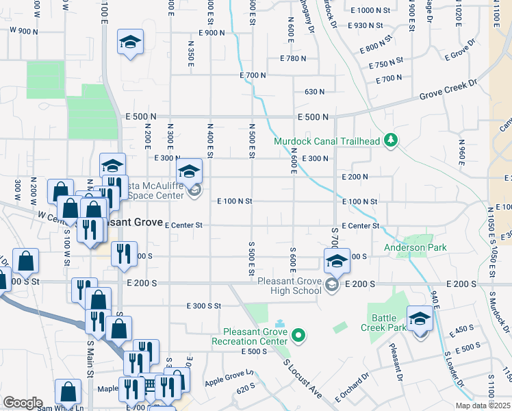 map of restaurants, bars, coffee shops, grocery stores, and more near 84 North 500 East Street in Pleasant Grove