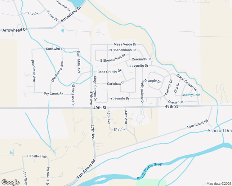 map of restaurants, bars, coffee shops, grocery stores, and more near 4740 Everglade Court in Greeley