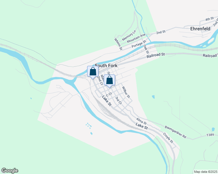 map of restaurants, bars, coffee shops, grocery stores, and more near 559-599 Church Street in South Fork