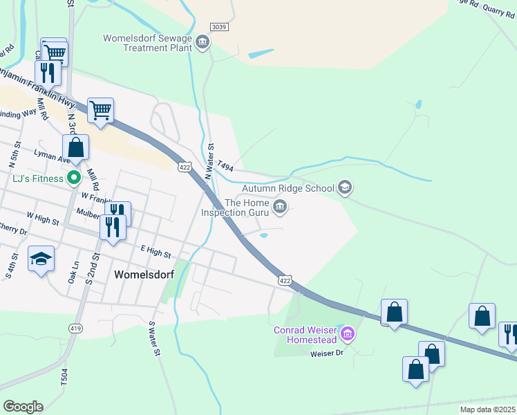 map of restaurants, bars, coffee shops, grocery stores, and more near 321 Dogwood Lane in Womelsdorf