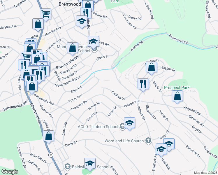 map of restaurants, bars, coffee shops, grocery stores, and more near 1253 Earlford Drive in Pittsburgh