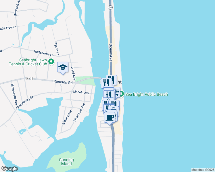 map of restaurants, bars, coffee shops, grocery stores, and more near 1008 Ocean Avenue in Sea Bright
