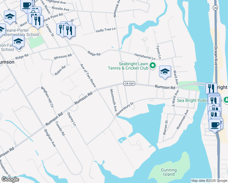 map of restaurants, bars, coffee shops, grocery stores, and more near 69 Rumson Road in Rumson