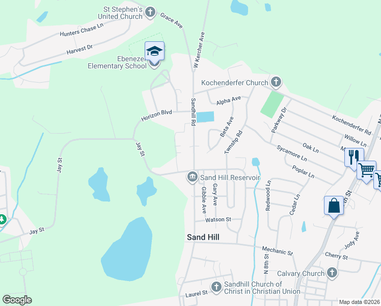 map of restaurants, bars, coffee shops, grocery stores, and more near 1513 Sandhill Road in Lebanon