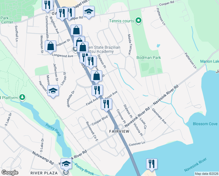 map of restaurants, bars, coffee shops, grocery stores, and more near 99 Walnut Avenue in Red Bank
