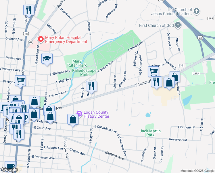 map of restaurants, bars, coffee shops, grocery stores, and more near 628-698 Oakland Ave in Bellefontaine