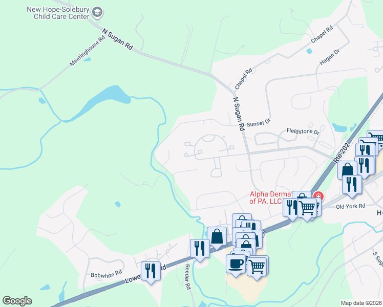 map of restaurants, bars, coffee shops, grocery stores, and more near 714 Harrowgate Lane in New Hope