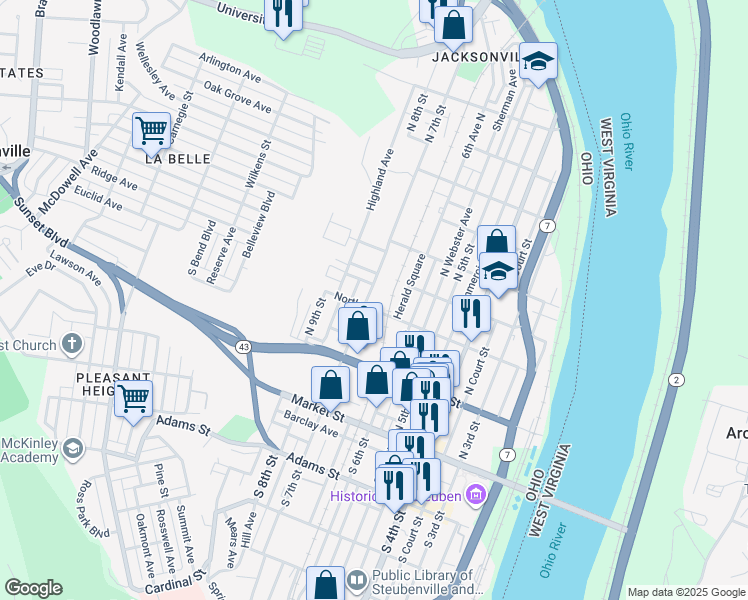 map of restaurants, bars, coffee shops, grocery stores, and more near 306 North 7th Street in Steubenville