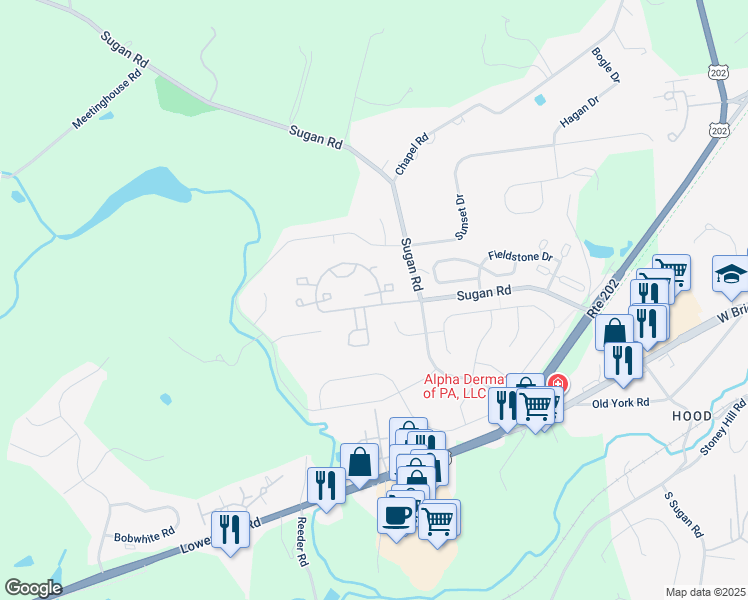 map of restaurants, bars, coffee shops, grocery stores, and more near 102 Waverly Lane in New Hope