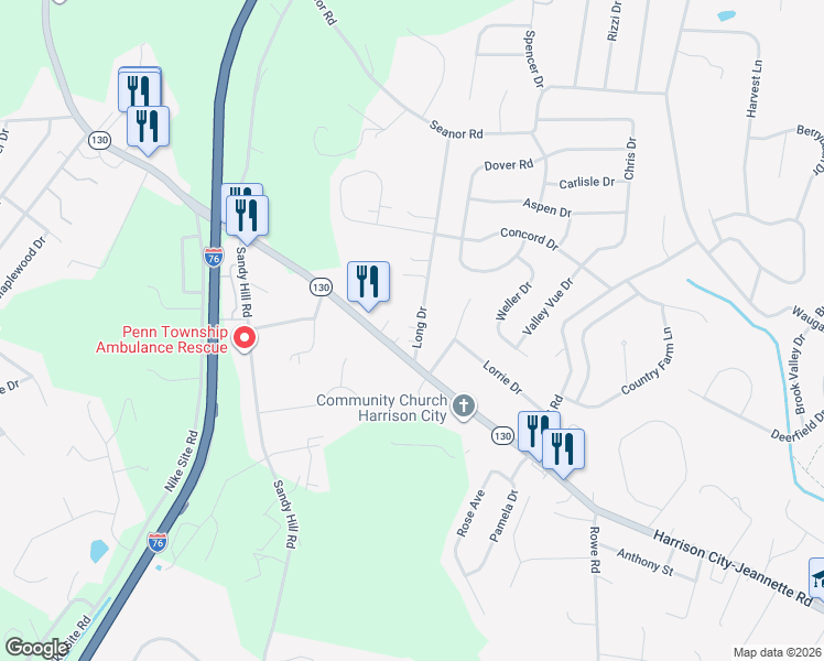 map of restaurants, bars, coffee shops, grocery stores, and more near 107 Long Drive in Irwin