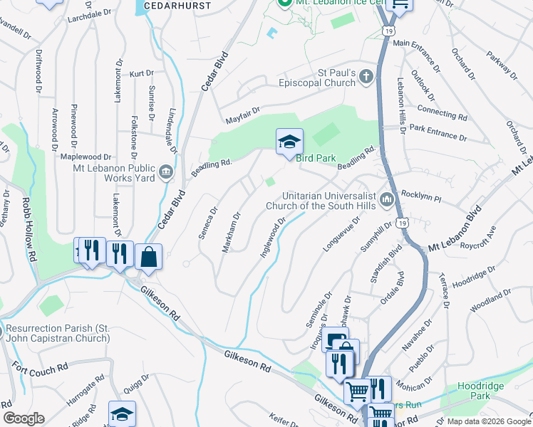 map of restaurants, bars, coffee shops, grocery stores, and more near 77 Altadena Drive in Pittsburgh