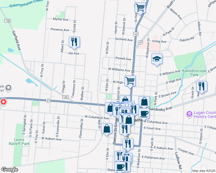 map of restaurants, bars, coffee shops, grocery stores, and more near 316 North Elm Street in Bellefontaine
