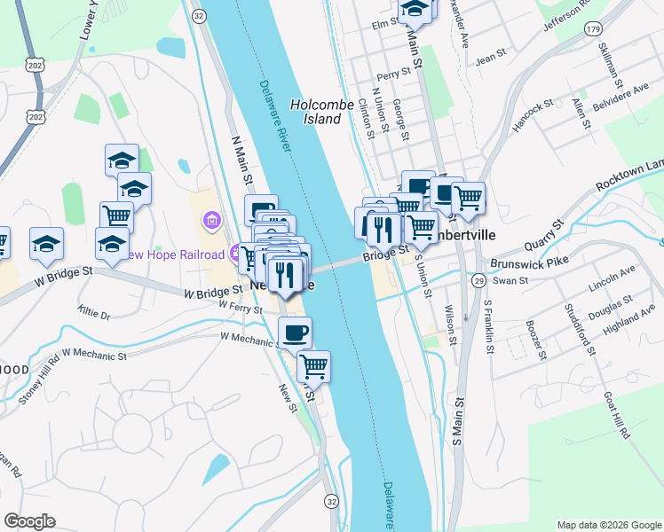 map of restaurants, bars, coffee shops, grocery stores, and more near West Bridge Street in New Hope