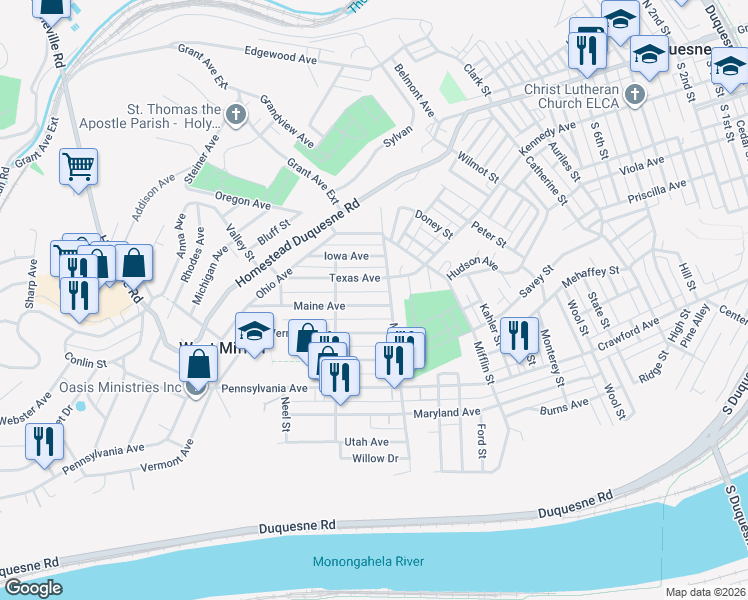 map of restaurants, bars, coffee shops, grocery stores, and more near 1710 Maine Avenue in West Mifflin