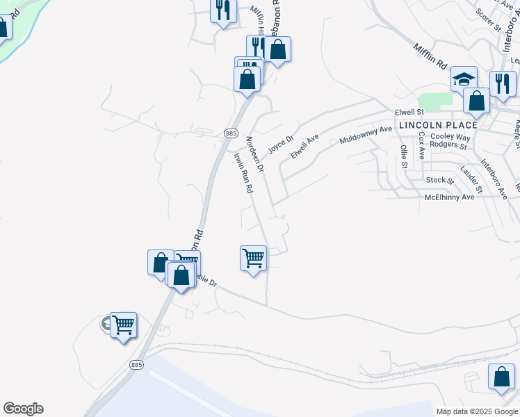 map of restaurants, bars, coffee shops, grocery stores, and more near 703 Irwin Run Rd in West Mifflin