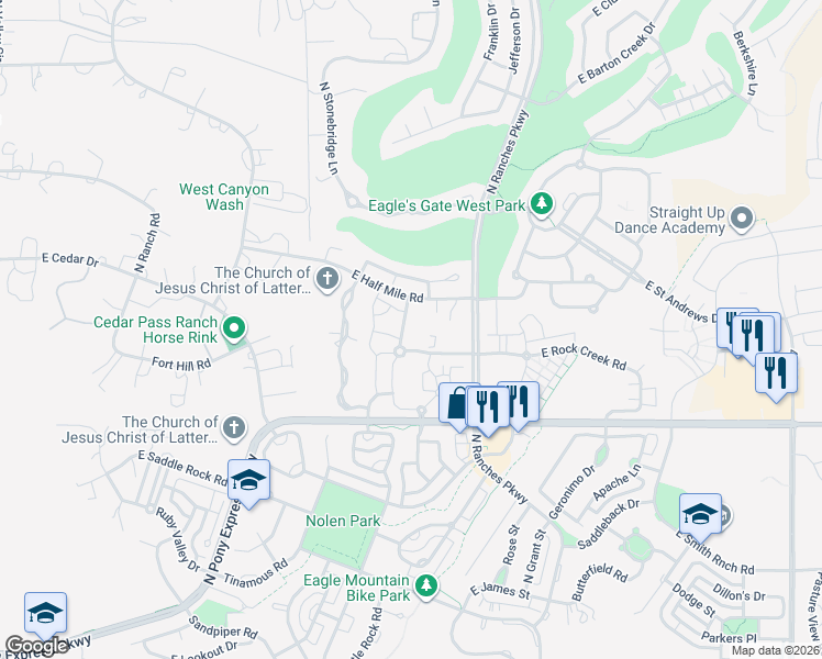 map of restaurants, bars, coffee shops, grocery stores, and more near 8183 North Cedar Springs Road in Eagle Mountain