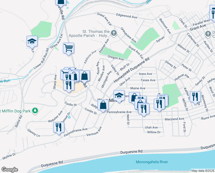 map of restaurants, bars, coffee shops, grocery stores, and more near 1966 Michigan Avenue in West Mifflin