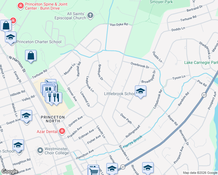 map of restaurants, bars, coffee shops, grocery stores, and more near 10 Braeburn Drive in Princeton