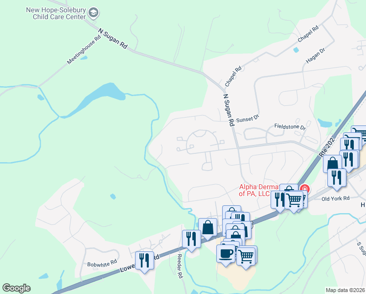 map of restaurants, bars, coffee shops, grocery stores, and more near 714 Harrowgate Lane in New Hope