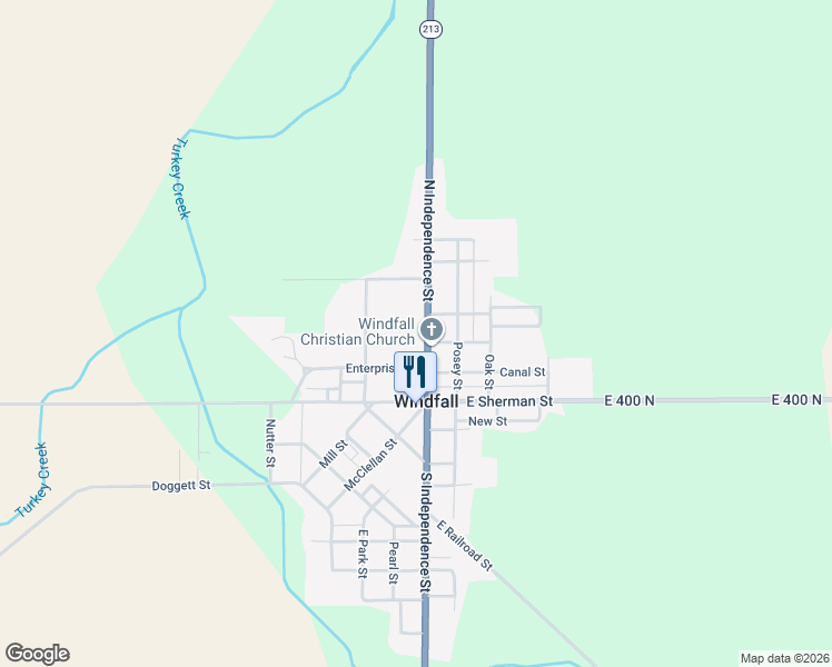 map of restaurants, bars, coffee shops, grocery stores, and more near 308 North Independence Street in Windfall