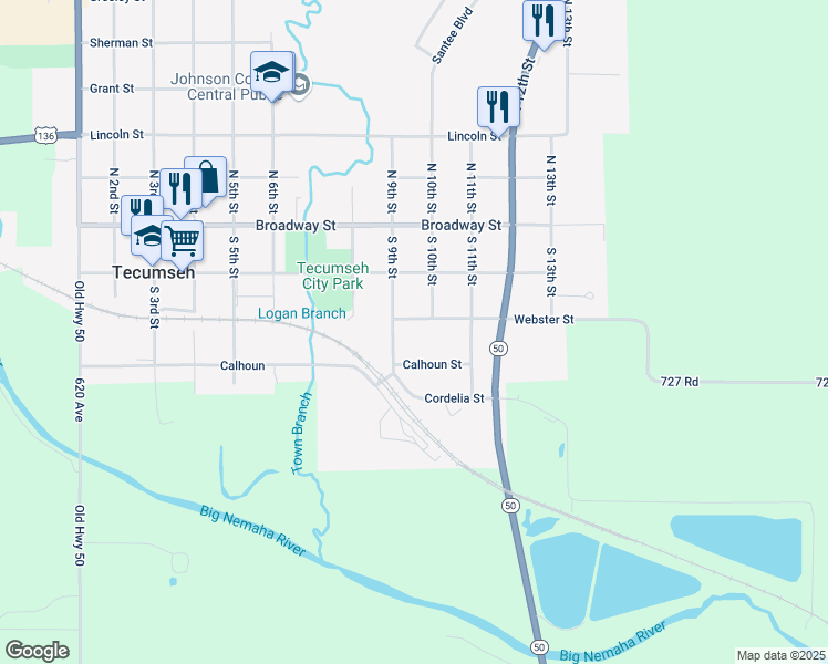 map of restaurants, bars, coffee shops, grocery stores, and more near 999 Webster Street in Tecumseh