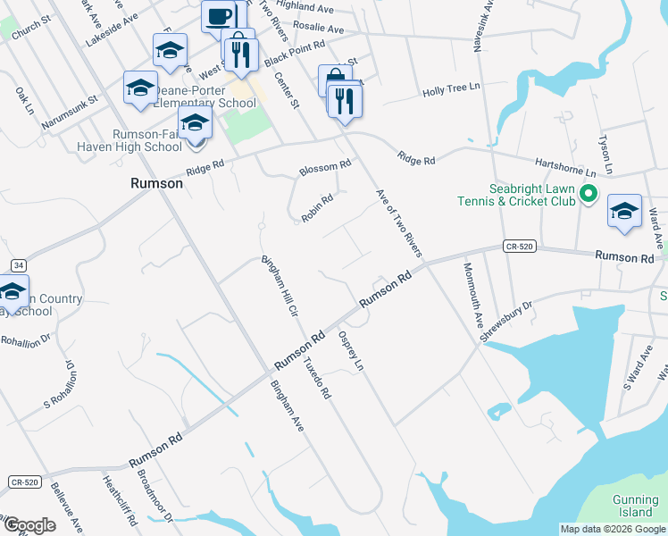 map of restaurants, bars, coffee shops, grocery stores, and more near 88 Rumson Road in Rumson