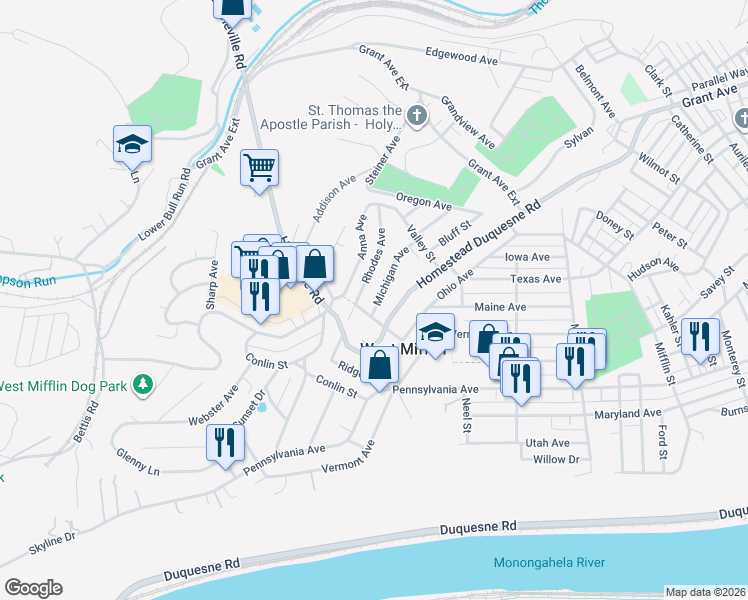 map of restaurants, bars, coffee shops, grocery stores, and more near 1966 Michigan Avenue in West Mifflin