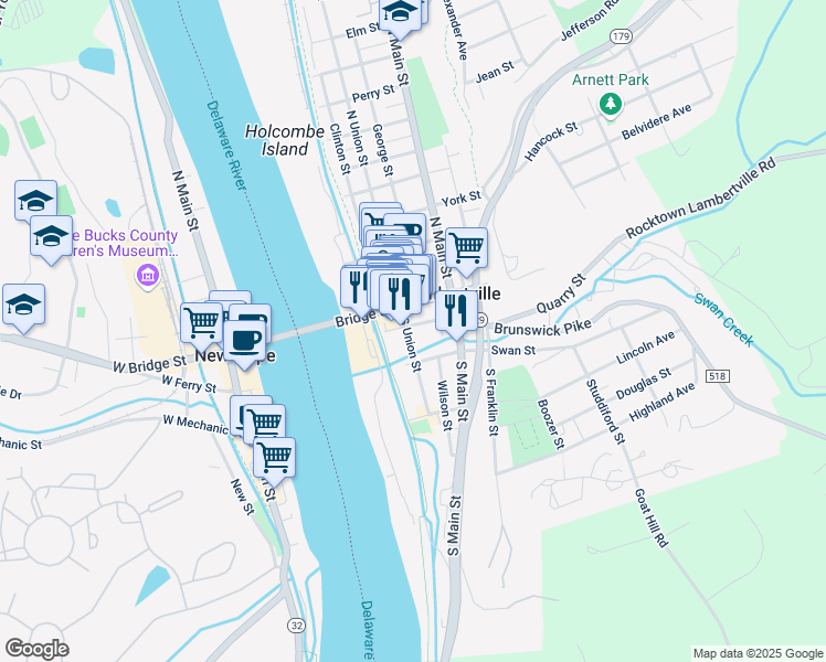 map of restaurants, bars, coffee shops, grocery stores, and more near 25 Ferry Street in Lambertville