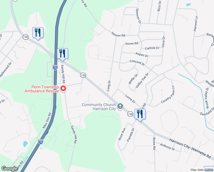 map of restaurants, bars, coffee shops, grocery stores, and more near 107 Long Drive in Irwin