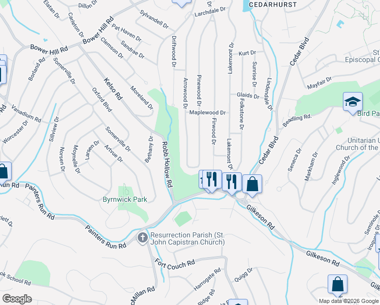 map of restaurants, bars, coffee shops, grocery stores, and more near 1311 Arrowood Drive in Pittsburgh
