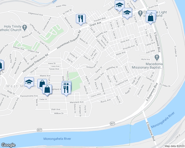 map of restaurants, bars, coffee shops, grocery stores, and more near 1132 Savey Street in Duquesne