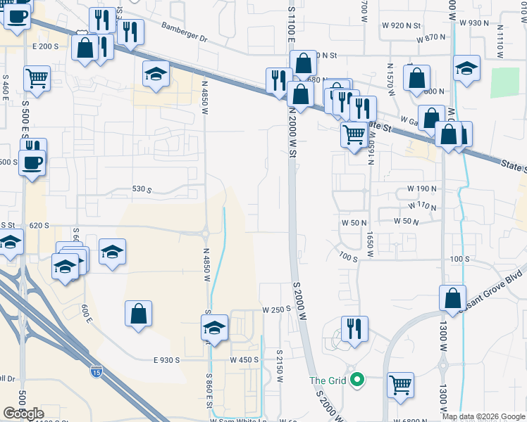 map of restaurants, bars, coffee shops, grocery stores, and more near 597 1040 East in American Fork