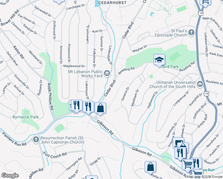 map of restaurants, bars, coffee shops, grocery stores, and more near 1269 Cedar Boulevard in Pittsburgh